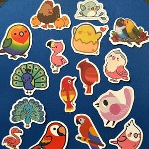 NEW! - Set of 16 bird stickers - peacock flamingo hen chicken parrot parakeet